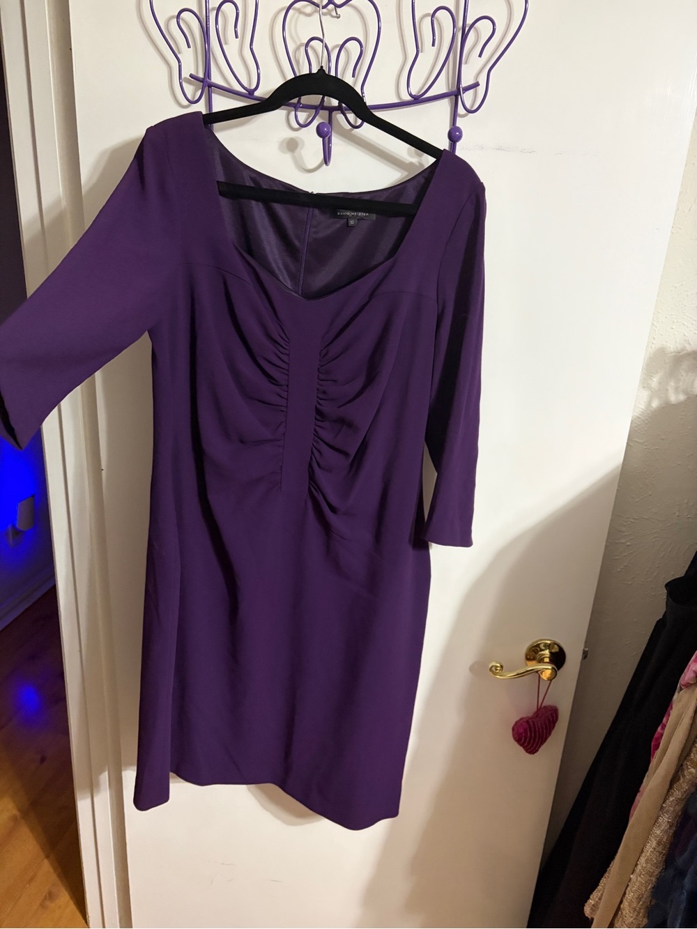 🥳 12 David Meister Deep Purple Ruched-Front 3/4 Sleeve Dress